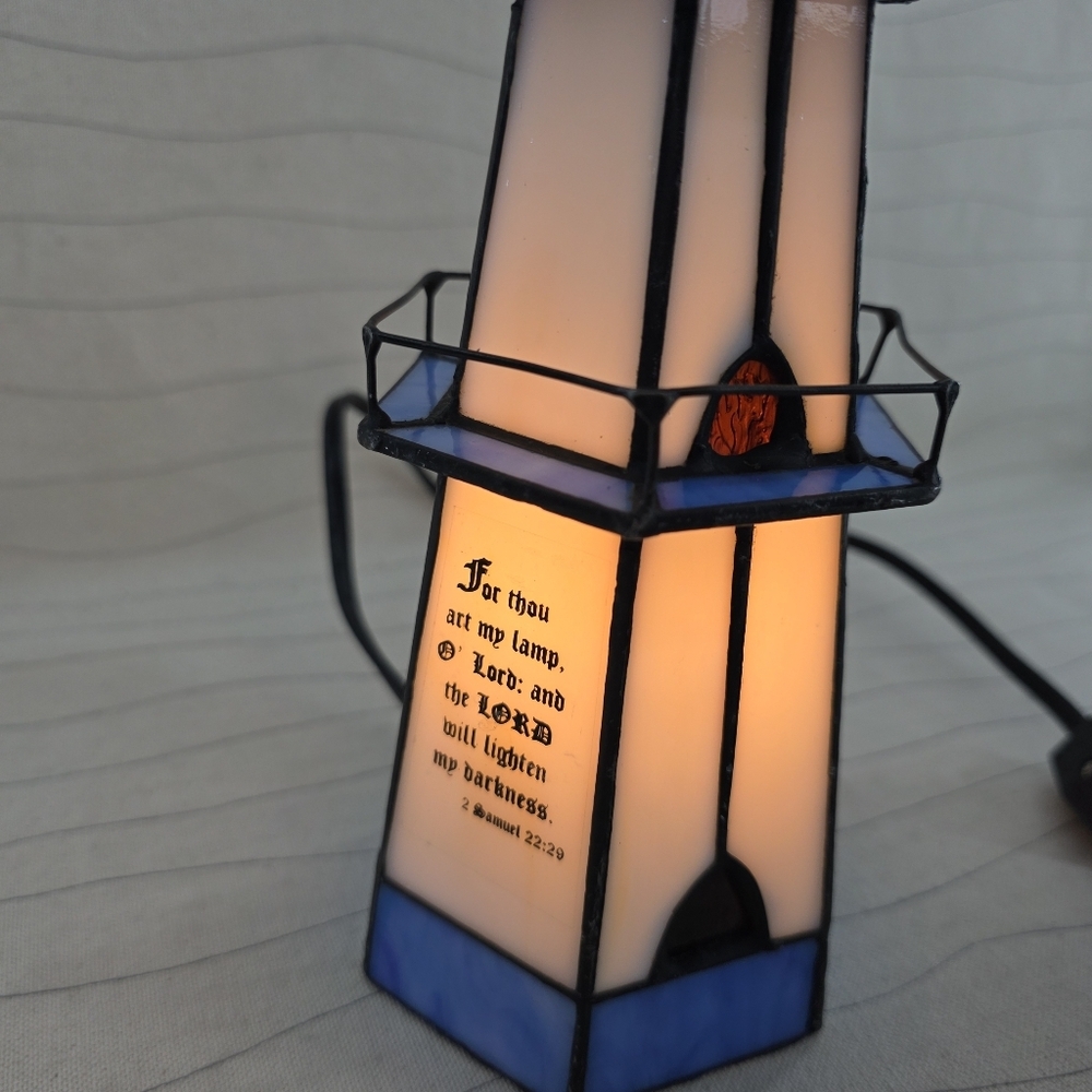 Tiffany Style Stained Glass Nautical Lighthouse Electrical Lamp with Bible Verse - Picture 3 of 11